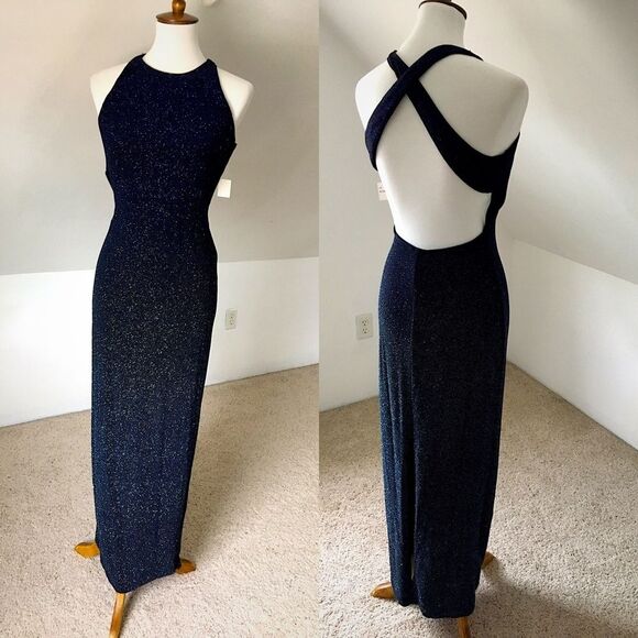 Y2K Dresses & Skirts - Vintage Y2K Navy Metallic Shimmer Open Back Maxi Dress NWT Size M